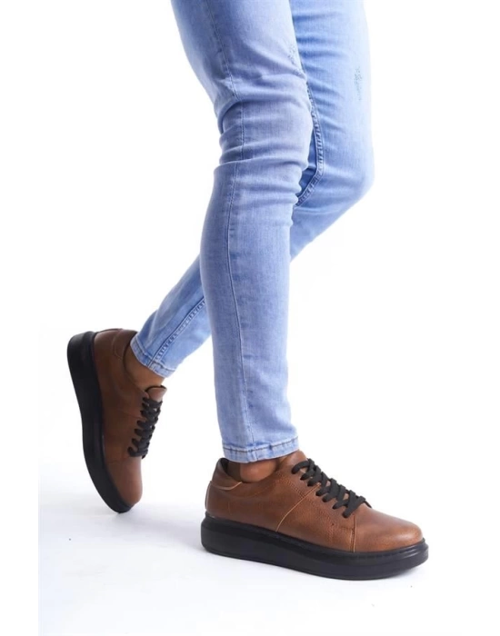 SLW151 Boost Bağcıklı Cilt Erkek Günlük Sneaker Ayakkabı ST - Taba