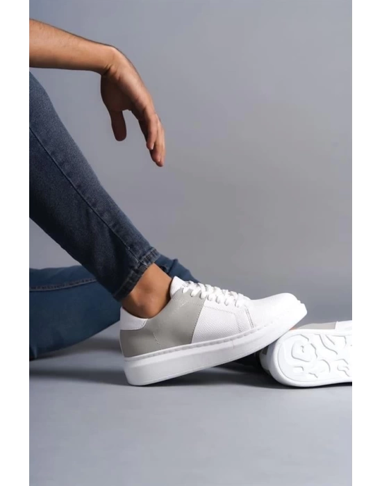 SLW151 Boost Bağcıklı Cilt Süet Erkek Günlük Sneaker Ayakkabı BT - Beyaz/Gri