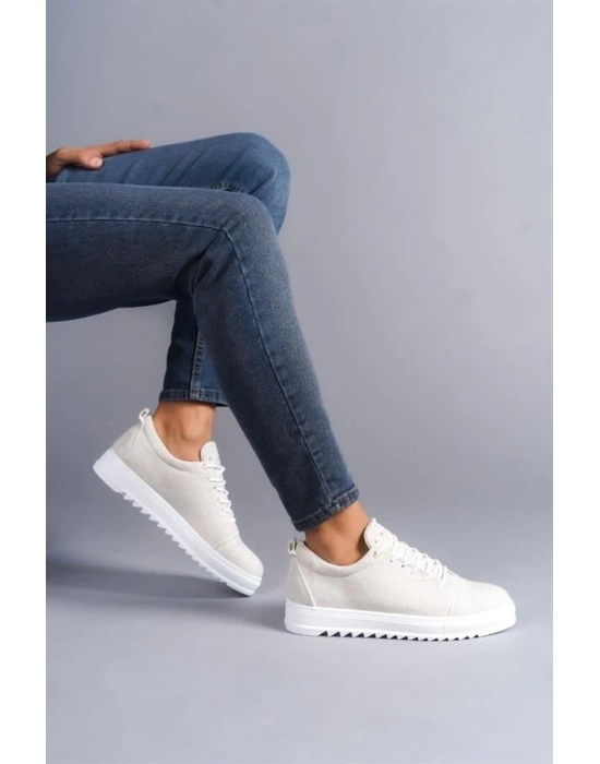 SLW152 Cool Bağcıklı Keten Erkek Günlük Spor Klasik Ayakkabı BT - Beyaz