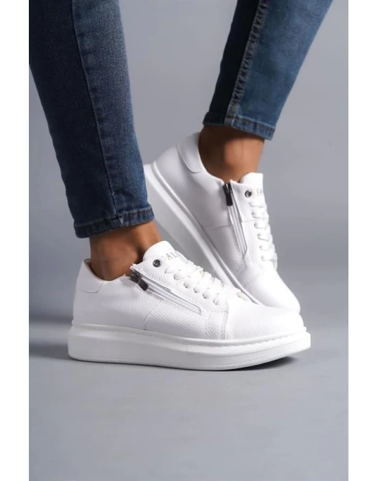 SLW155 Warrior Bağcıklı ve Fermuarlı Cilt Erkek Günlük Sneaker Ayakkabı BT - Beyaz