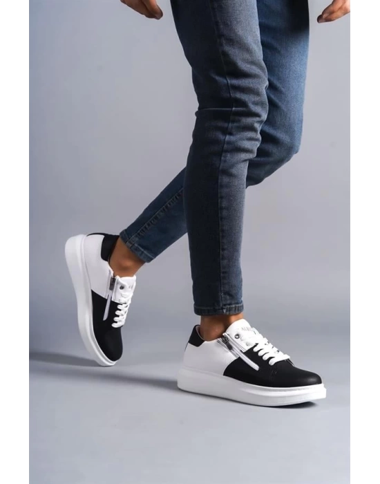 SLW155 Warrior Bağcıklı ve Fermuarlı Cilt Erkek Günlük Sneaker Ayakkabı BT - Beyaz/Siyah