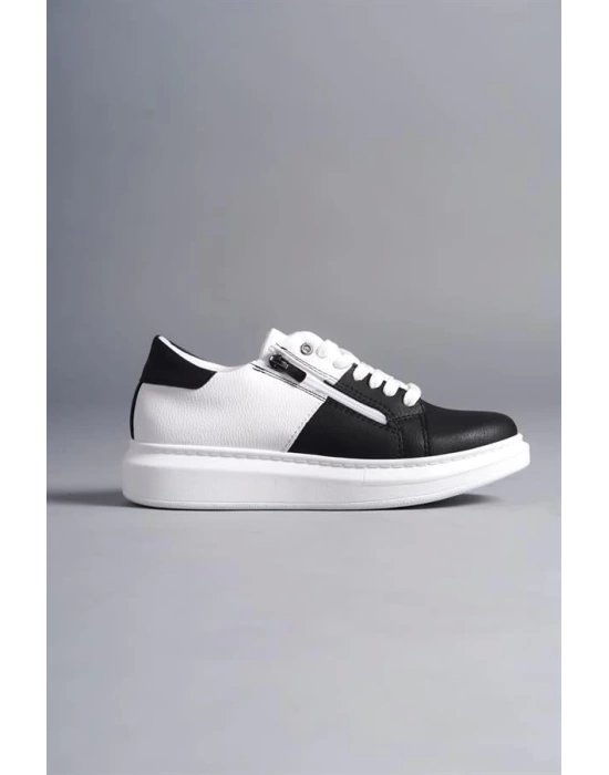 SLW155 Warrior Bağcıklı ve Fermuarlı Cilt Erkek Günlük Sneaker Ayakkabı BT - Beyaz/Siyah