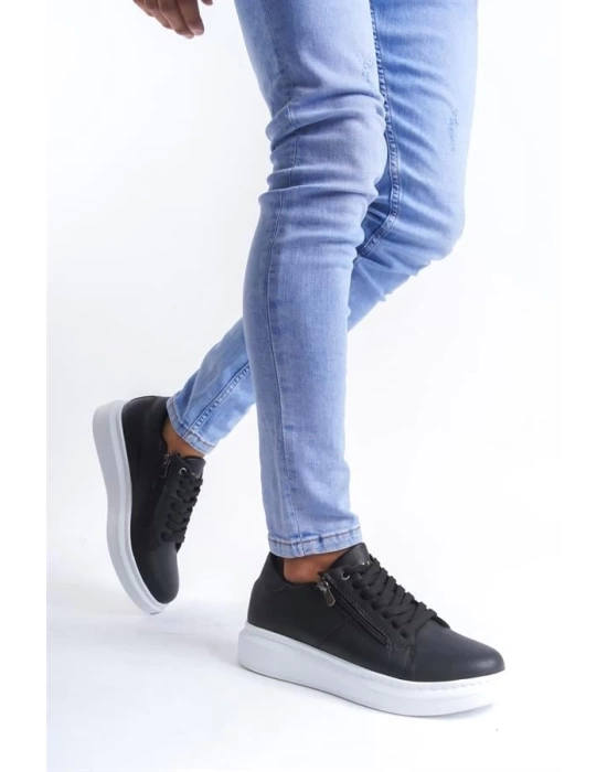 SLW155 Warrior Bağcıklı ve Fermuarlı Cilt Erkek Günlük Sneaker Ayakkabı BT - Siyah