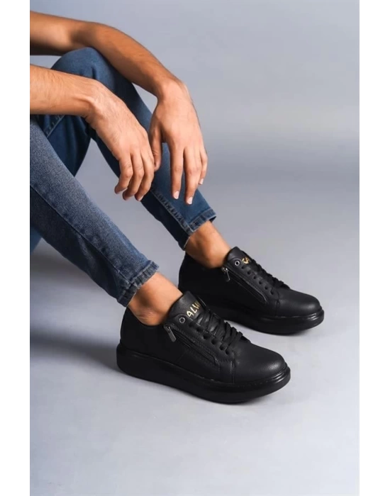 SLW155 Warrior Bağcıklı ve Fermuarlı Cilt Erkek Günlük Sneaker Ayakkabı ST - Siyah