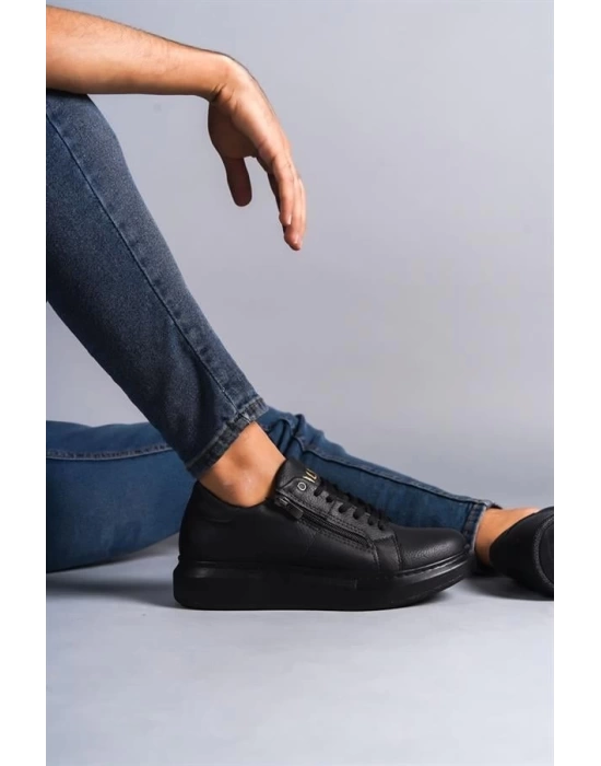 SLW155 Warrior Bağcıklı ve Fermuarlı Cilt Erkek Günlük Sneaker Ayakkabı ST - Siyah