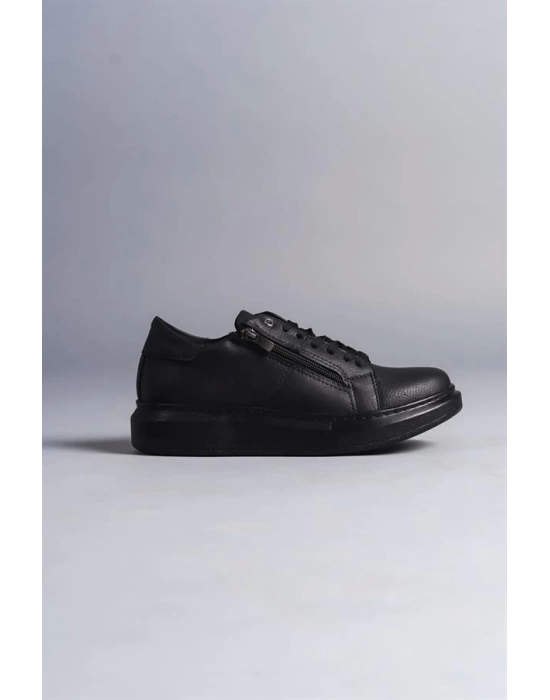 SLW155 Warrior Bağcıklı ve Fermuarlı Cilt Erkek Günlük Sneaker Ayakkabı ST - Siyah