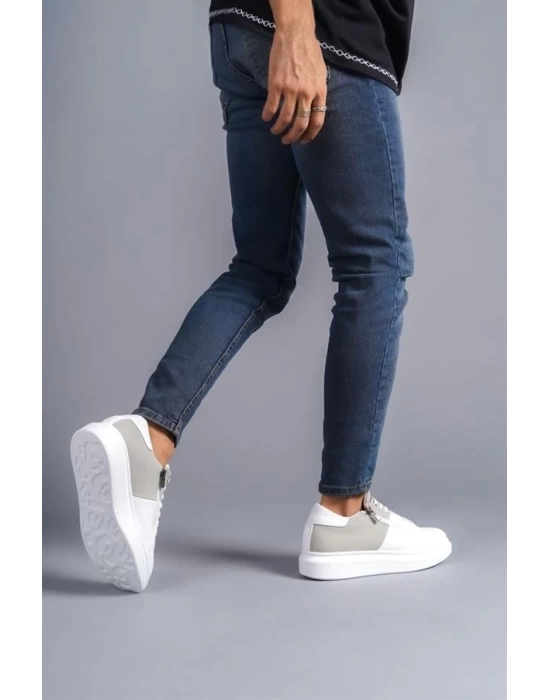 SLW155 Warrior Bağcıklı ve Fermuarlı Cilt Süet Erkek Günlük Sneaker Ayakkabı BT - Beyaz/Gri