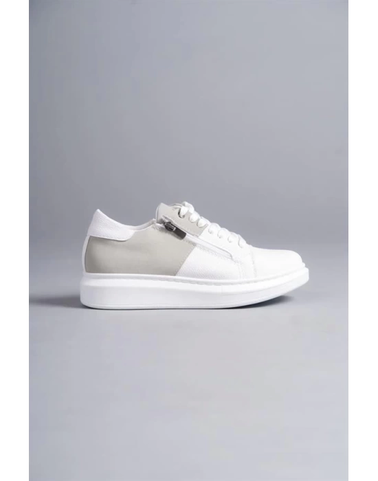 SLW155 Warrior Bağcıklı ve Fermuarlı Cilt Süet Erkek Günlük Sneaker Ayakkabı BT - Beyaz/Gri