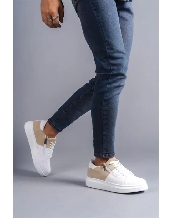 SLW155 Warrior Bağcıklı ve Fermuarlı Cilt Süet Erkek Günlük Sneaker Ayakkabı BT - Beyaz/Krem
