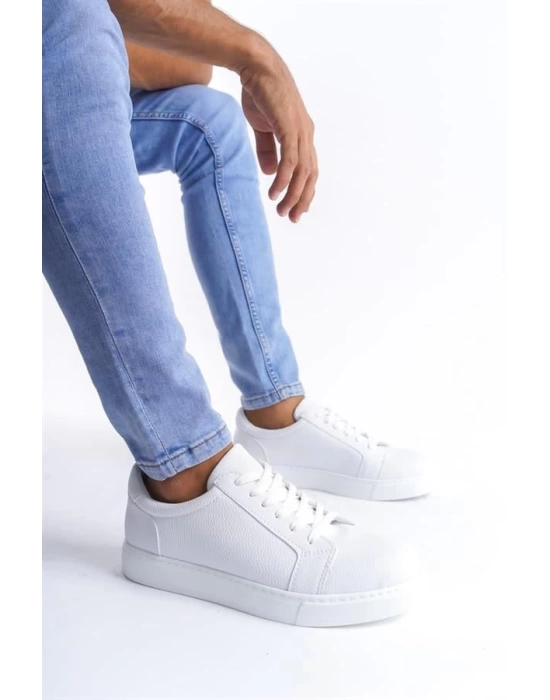 SLW165 Elite Bağcıklı Cilt Erkek Günlük Sneaker Ayakkabı BT - Beyaz