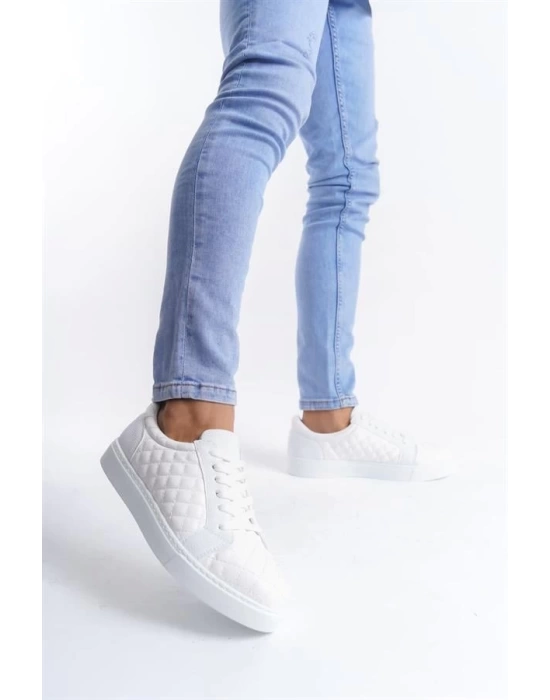 SLW166 Prestige Bağcıklı Cilt Kapitone Desenli Erkek Günlük Sneaker Ayakkabı BT - Beyaz