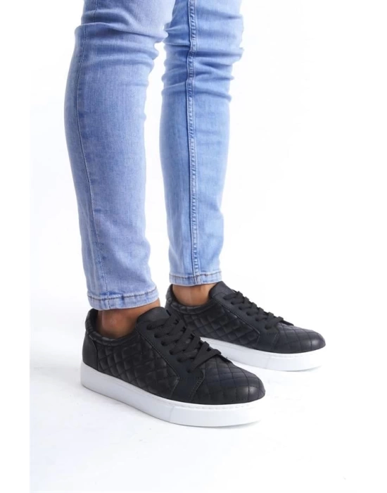 SLW166 Prestige Bağcıklı Cilt Kapitone Desenli Erkek Günlük Sneaker Ayakkabı BT - Siyah
