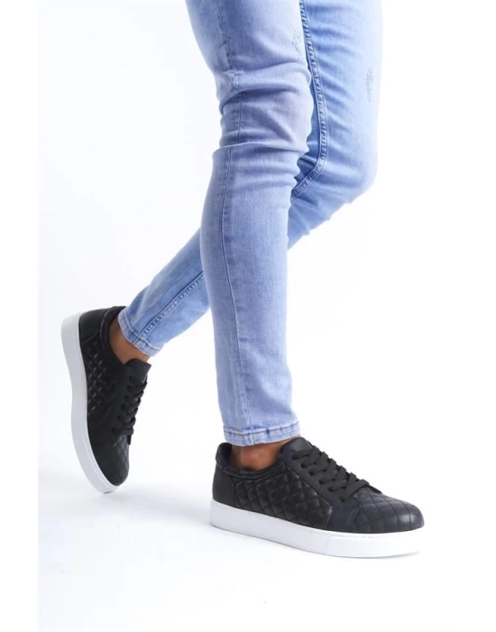 SLW166 Prestige Bağcıklı Cilt Kapitone Desenli Erkek Günlük Sneaker Ayakkabı BT - Siyah