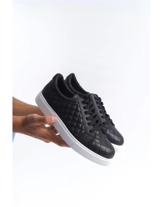 SLW166 Prestige Bağcıklı Cilt Kapitone Desenli Erkek Günlük Sneaker Ayakkabı BT - Siyah