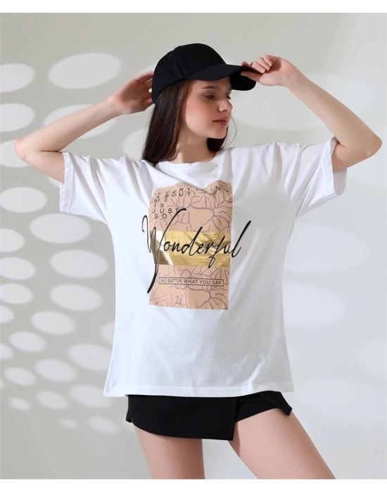 Varak Baskılı imza desen Kadın T-Shirt
