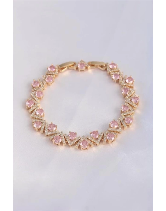Vip Seri Pirinç Pembe Zirkon Taşlı Gold Renk V Model Bileklik