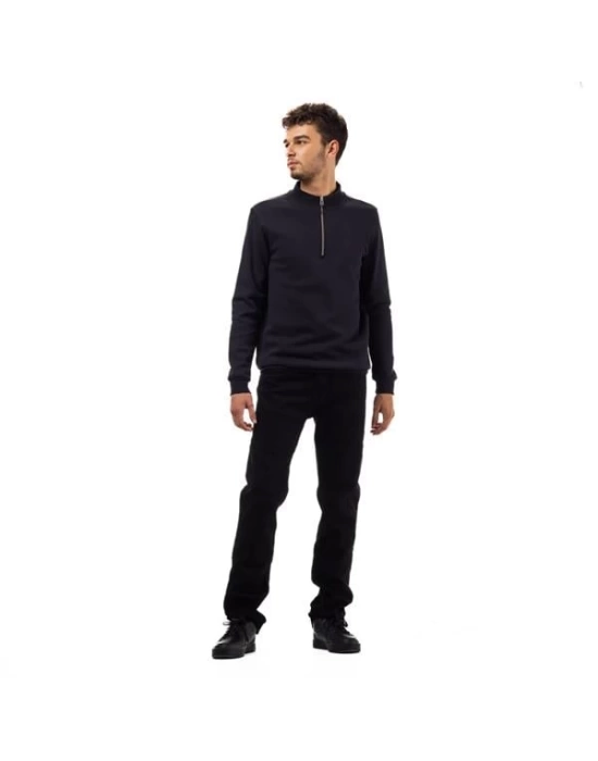 Yarım Fermuar Pike Kumaş Sweatshirt SIYAH