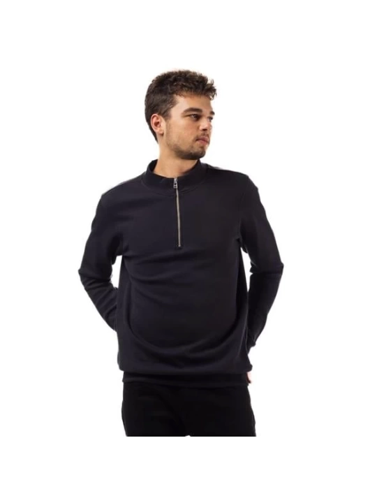 Yarım Fermuar Pike Kumaş Sweatshirt SIYAH