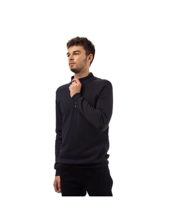 Yarım Fermuar Pike Kumaş Sweatshirt SIYAH