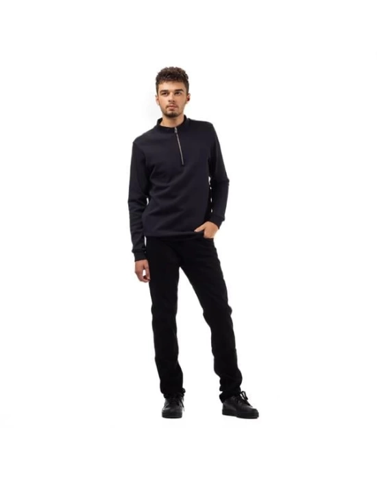 Yarım Fermuar Pike Kumaş Sweatshirt SIYAH