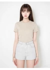 15339774 Likralı Fitilli Slim Fit Kadın T-Shirt Bej