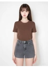 15339774 Likralı Fitilli Slim Fit Kadın T-Shirt Kahve