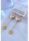 316L Çelik Gold Renk Kare İncili Sallantı Model Kadın Küpe
