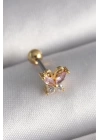 316L Çelik Gold Renk Pembe Zirkon Taşlı Kelebek Tragus Piercing