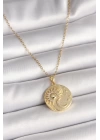 316L Çelik Gold Renk Zincir Zirkon Taşlı Ay Güneş İşlemeli Madalyon Model Kadın Kolye