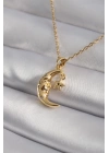 316L Çelik Gold Renk Zirkon Taşlı Ay Yıldız Model Kadın Kolye