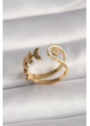316L Çelik Gold Renk Zirkon Taşlı Yaprak Model Kadın Yüzük