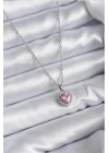 316L Çelik Zincir Gümüş Renk Pembe Zirkon Taş Charm Model Kadın Kolye