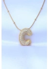 316L Çelik Zincirli Zirkon Taşlı C Harfli Gold Renk Bubble Kolye