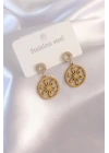 Çelik Gold Renk Çiçek Figür Zirkon Taş Detay Kadın Küpe