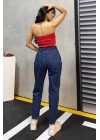 Düz Orta Kadın Mavi Slim Fit Mom pantolon