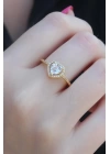 Gold Renk Zirkon Taşlı Kalp Model Charm Pirinç Kadın Yüzük