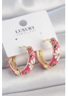 Pirinç Gold Renk Halka Model Pembe Çiçek İşlemeli Kadın Küpe