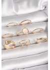 Pirinç Gold Renk Pembe Mineli Kemer Model Kadın Yüzük Kombini