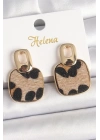 Pirinç Gold Renk Sallantı Kare Leopar Model Kadın Küpe
