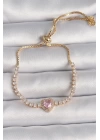 Pirinç Gold Renk Su Yolu Zirkon Taşlı Pembe Zirkon Taşlı Kalp Asansör Model Charm Kadın Bileklik
