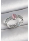 Pirinç Gümüş Renk Zirkon Taş Detaylı Pembe Mineli Damla Model Ayarlanabilir Kadın Yüzük