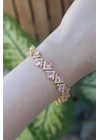 Vip Seri Pirinç Pembe Zirkon Taşlı Gold Renk V Model Bileklik