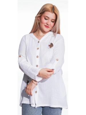 125006 Müslin Kumaş Kapşonlu Kadın Gömlek Beyaz
