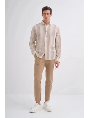 2007 Dik Çizgi Desenli Keten Uzun Kollu Erkek Gömlek Bej