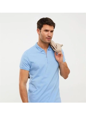 2570 Fermuarlı Polo Yaka Merselize Kumaş Kolu Ve Beli Lastikli Erkek TShirt Mavi