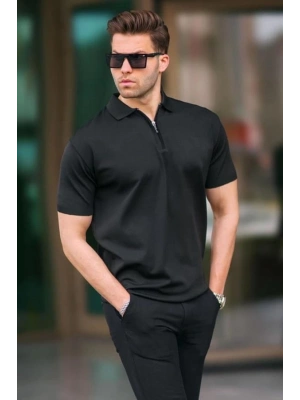 2570 Fermuarlı Polo Yaka Merselize Kumaş Kolu Ve Beli Lastikli Erkek TShirt Siyah