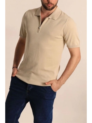 2570 Fermuarlı Polo Yaka Merselize Kumaş Kolu Ve Beli Lastikli Erkek TShirt Taş