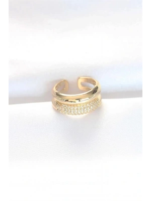 2li Görünümlü Zirkon Taşlı Gold Renk Ayarlanabilir Bombe Yüzük