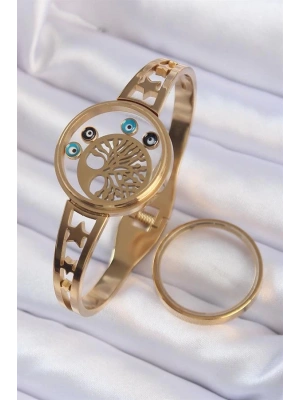 316L Çelik Altın Renk İçi Yaşam Ağacı ve Nazar Boncuk Figürlü Açılabilir Fanus Kelepçe