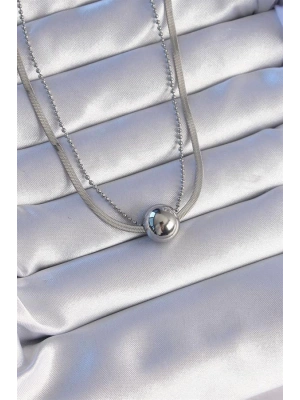 316L Çelik Çift Zincirli Gümüş Renk Topçuk İtalyan Model Kolye